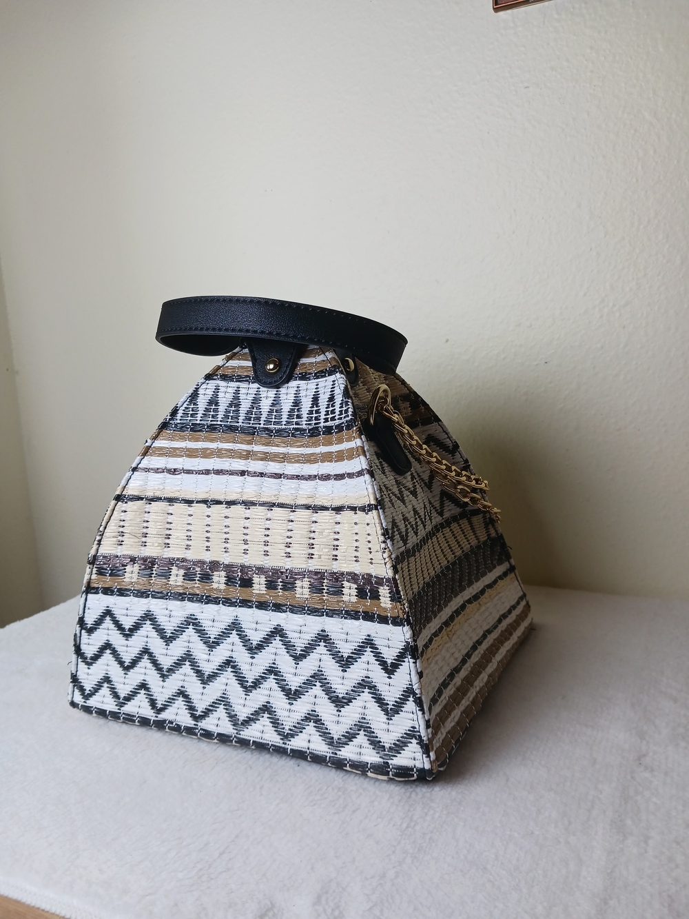 Woven Pyramid Tote Bag with Black Handle